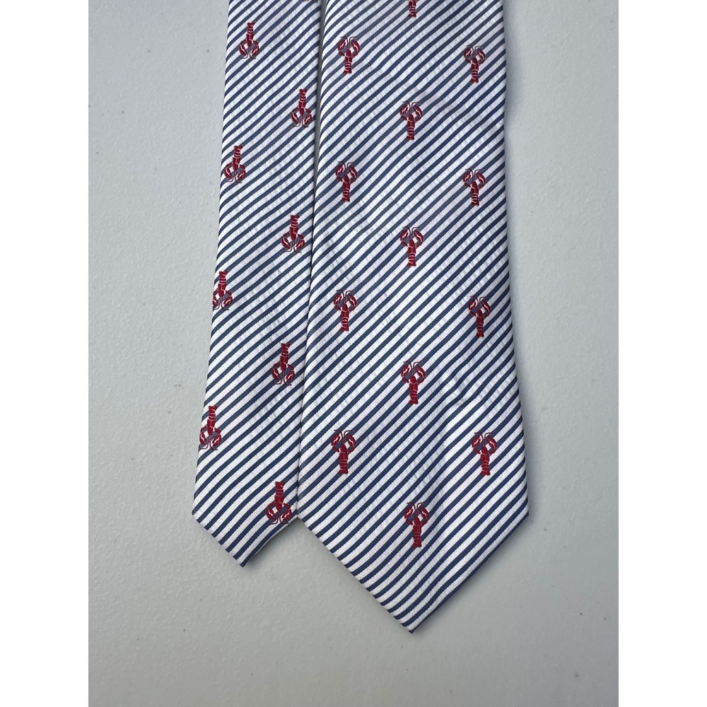 Merona Mens Silk Tie Navy Blue White Striped Red Lobster Nautical Coastal 57in